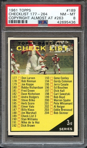 1961 TOPPS 189 CHECKLIST 177-264 COPYRIGHT ALMOST AT #263 PSA NM-MT 8