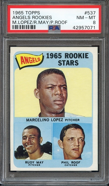 1965 TOPPS 537 ANGELS ROOKIES M.LOPEZ/R.MAY/P.ROOF PSA NM-MT 8