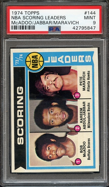 1974 TOPPS 144 NBA SCORING LEADERS McADOO/JABBAR/MARAVICH PSA MINT 9