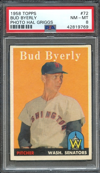 1958 TOPPS 72 BUD BYERLY PHOTO HAL GRIGGS PSA NM-MT 8