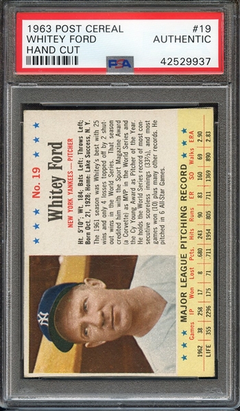 1963 POST CEREAL 19 WHITEY FORD HAND CUT PSA AUTHENTIC