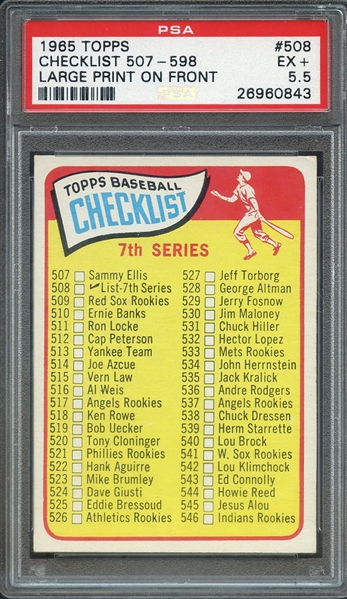 1965 TOPPS 508 CHECKLIST 507-598 LARGE PRINT ON FRONT PSA EX+ 5.5