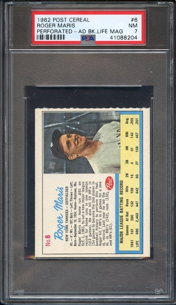 1962 POST CEREAL PERFORATED AD LIFE MAGAZINE 6 ROGER MARIS PSA NM 7