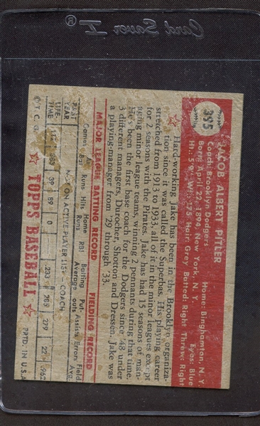 1952 TOPPS 395 JAKE PITLER POOR