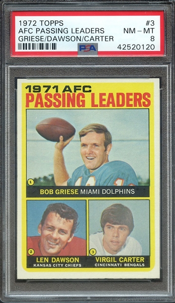 1972 TOPPS 3 AFC PASSING LEADERS GRIESE/DAWSON/CARTER PSA NM-MT 8