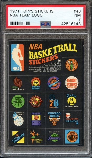 1971 TOPPS STICKERS 46 NBA TEAM LOGO PSA NM 7