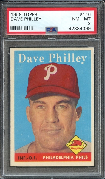 1958 TOPPS 116 DAVE PHILLEY PSA NM-MT 8