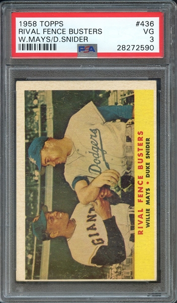 1958 TOPPS 436 RIVAL FENCE BUSTERS W.MAYS/D.SNIDER PSA VG 3