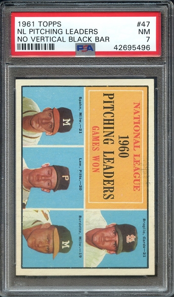 1961 TOPPS 47 NL PITCHING LEADERS NO VERTICAL BLACK BAR PSA NM 7