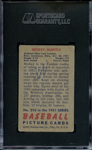 1951 BOWMAN 253 MICKEY MANTLE RC SGC PR 1