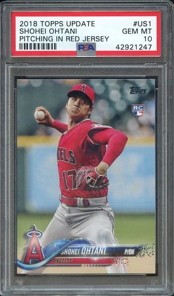 2018 TOPPS UPDATE US1 SHOHEI OHTANI PITCHING IN RED JERSEY PSA GEM MT 10