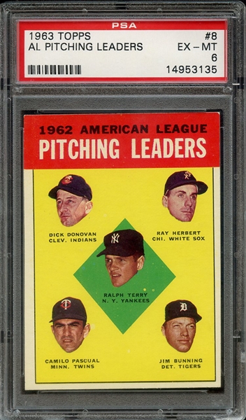 1963 TOPPS 8 AL PITCHING LEADERS PSA EX-MT 6