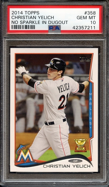2014 TOPPS 358 CHRISTIAN YELICH NO SPARKLE IN DUGOUT PSA GEM MT 10