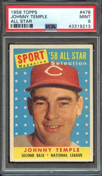 1958 TOPPS 478 JOHNNY TEMPLE ALL STAR PSA MINT 9