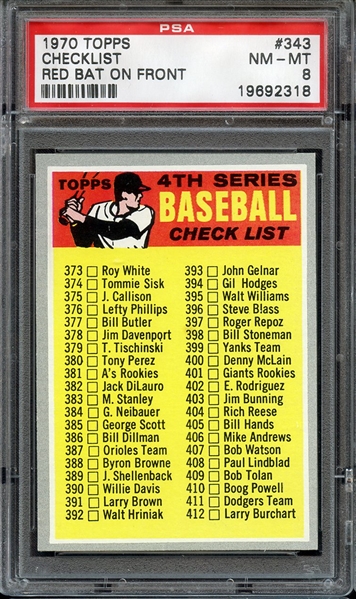 1970 TOPPS 343 CHECKLIST 373-459 RED BAT ON FRONT PSA NM-MT 8