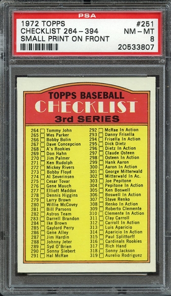 1972 TOPPS 251 CHECKLIST 264-394 SMALL PRINT ON FRONT PSA NM-MT 8