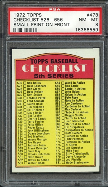 1972 TOPPS 478 CHECKLIST 526-656 SMALL PRINT ON FRONT PSA NM-MT 8