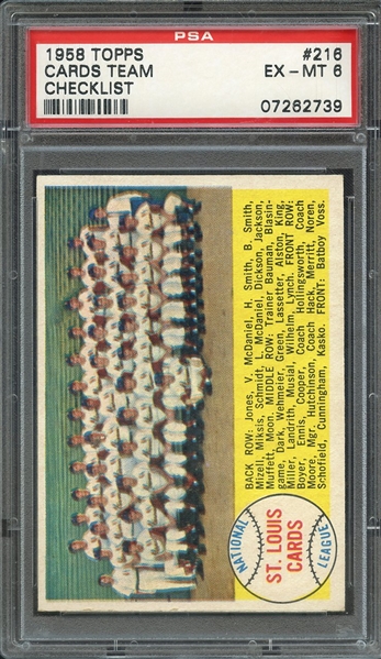 1958 TOPPS 216 CARDS TEAM CHECKLIST PSA EX-MT 6