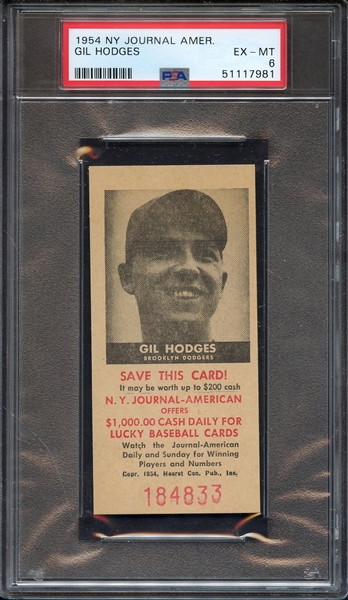 1954 NY JOURNAL AMERICAN GIL HODGES PSA EX-MT 6