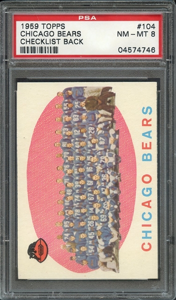 1959 TOPPS 104 CHICAGO BEARS CHECKLIST BACK PSA NM-MT 8