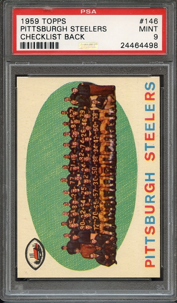 1959 TOPPS 146 PITTSBURGH STEELERS CHECKLIST BACK PSA MINT 9