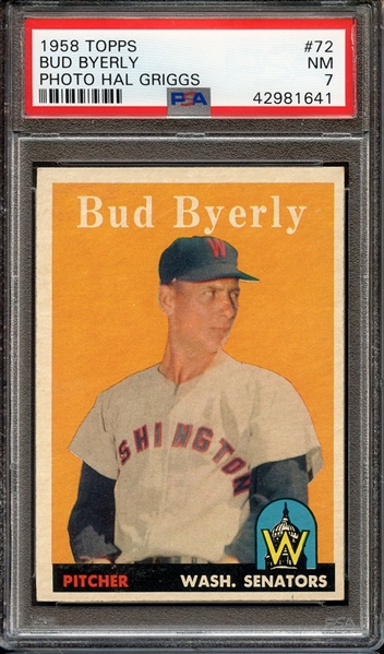 1958 TOPPS 72 BUD BYERLY PHOTO HAL GRIGGS PSA NM 7