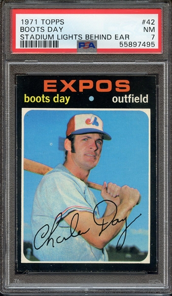 1971 TOPPS 42 BOOTS DAY STADIUM LIGHTS BEHIND EAR PSA NM 7