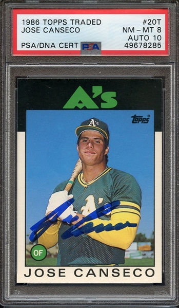 1986 TOPPS TRADED 20T SIGNED JOSE CANSECO PSA NM-MT 8 PSA/DNA AUTO 10