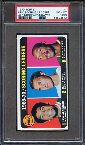 1970 TOPPS 1 NBA SCORING LEADERS ALCINDOR/WEST/HAYES PSA NM-MT 8 (OC)