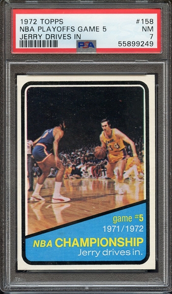 1972 TOPPS 158 NBA PLAYOFFS GAME 5 JERRY DRIVES IN PSA NM 7