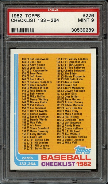1982 TOPPS 226 CHECKLIST 133-264 PSA MINT 9