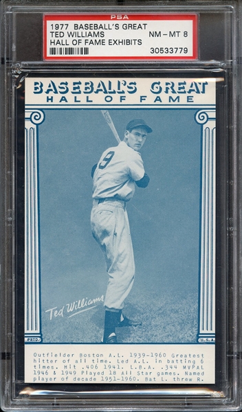 1977 BASEBALL'S GREAT HALL OF FAME EXHIBITS TED WILLIAMS HALL OF FAME EXHIBITS PSA NM-MT 8