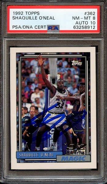 1992 TOPPS 362 SIGNED SHAQUILLE O'NEAL PSA NM-MT 8 PSA/DNA AUTO 10