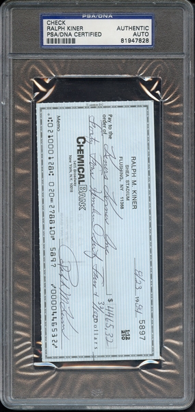 RALPH KINER SIGNED CHECK PSA/DNA AUTHENTIC