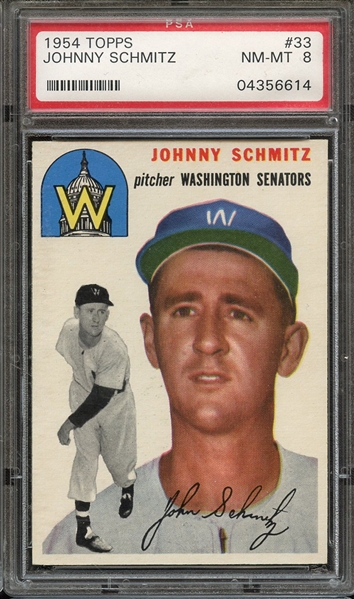1954 TOPPS 33 JOHNNY SCHMITZ PSA NM-MT 8