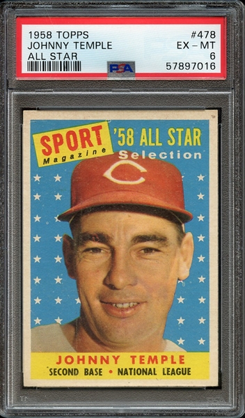 1958 TOPPS 478 JOHNNY TEMPLE ALL STAR PSA EX-MT 6