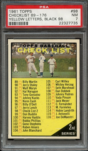 1961 TOPPS 98 CHECKLIST 89-176 YELLOW LETTERS, BLACK 98 PSA NM 7