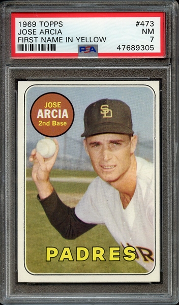 1969 TOPPS 473 JOSE ARCIA FIRST NAME IN YELLOW PSA NM 7