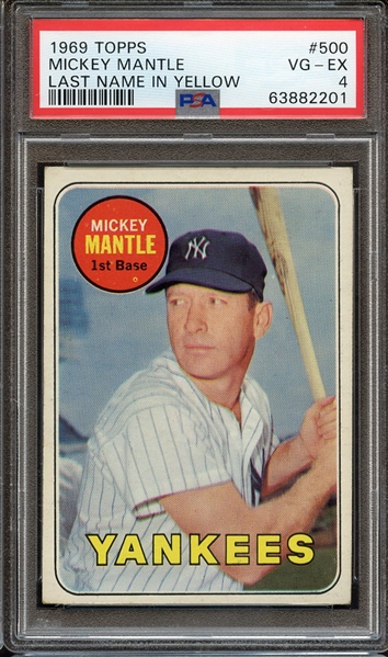 1969 TOPPS 500 MICKEY MANTLE LAST NAME IN YELLOW PSA VG-EX 4