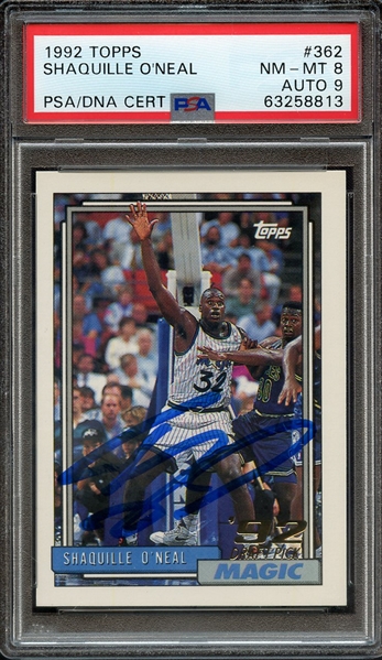 1992 TOPPS 362 SIGNED SHAQUILLE O'NEAL PSA NM-MT 8 PSA/DNA AUTO 9
