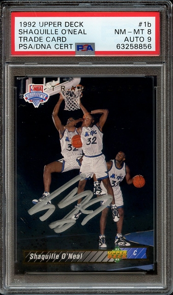 1992 UPPER DECK 1B SIGNED SHAQUILLE O'NEAL PSA NM-MT 8 PSA/DNA AUTO 9