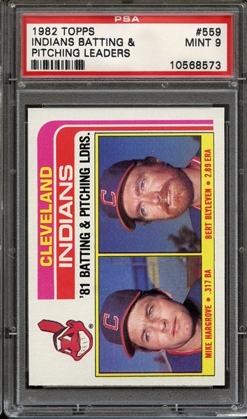 1982 TOPPS 559 INDIANS BATTING & PITCHING LEADERS PSA MINT 9