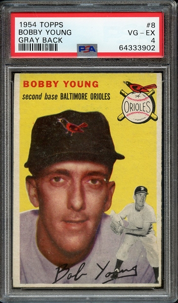 1954 TOPPS 8 BOBBY YOUNG GRAY BACK PSA VG-EX 4