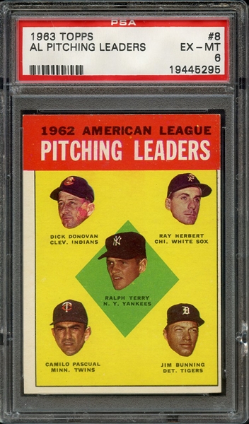 1963 TOPPS 8 AL PITCHING LEADERS PSA EX-MT 6