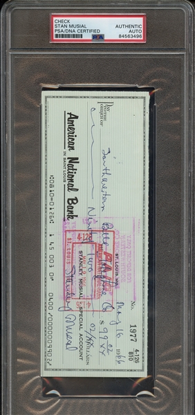 STAN MUSIAL SIGNED CHECK PSA/DNA AUTHENTIC