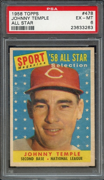 1958 TOPPS 478 JOHNNY TEMPLE ALL STAR PSA EX-MT 6