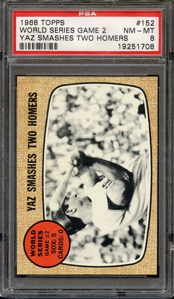 1968 TOPPS 152 WORLD SERIES GAME 2 YAZ SMASHES TWO HOMERS PSA NM-MT 8
