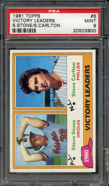 1981 TOPPS 5 VICTORY LEADERS S.STONE/S.CARLTON PSA MINT 9