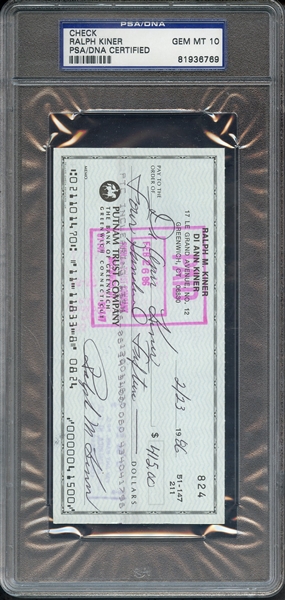 RALPH KINER SIGNED CHECK PSA/DNA AUTO 10