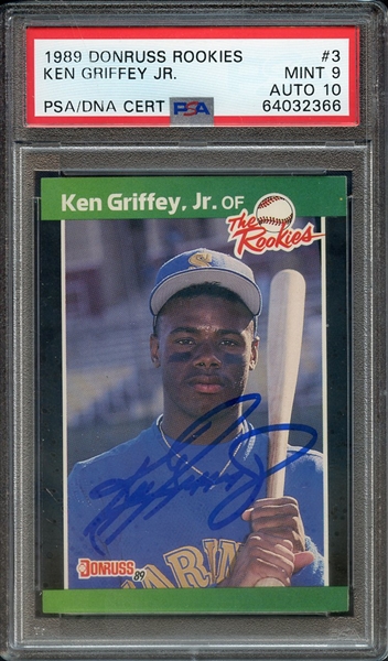 1989 DONRUSS ROOKIES 3 SIGNED KEN GRIFFEY JR PSA MINT 9 PSA/DNA AUTO 10